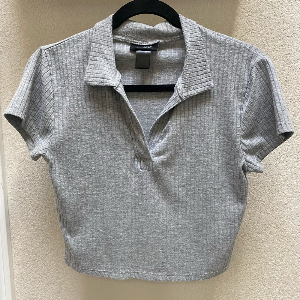 Just Polly, Women’s, Juniors, Gray, Crop Top with Collar, Short Sleeve, Size M